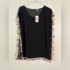 GD Key NWT women’s swim cover Sz S/M Black Sheer Scoop Neck with Pompom trim.